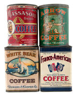 LOT OF SIX COFFEE CANS , FIVE WITH NATIVE AMERICAN GRAPHICS.