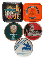 LOT OF FIVE TYPEWRITER RIBBON TINS WITH NATIVE AMERICAN GRAPHICS.