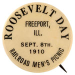 “ROOSEVELT DAY” RARE 1910 DATED BUTTON FOR “RAILROAD MEN’S PICNIC.”