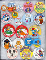 COMIC AND TV CHARACTERS 19 BUTTONS AND ONE TAB WITH ADVERTISING.