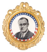 FDR 1.25" BUTTON IN ORNATE BRASS SHELL FRAME.