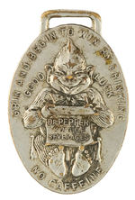 "DR. PEPPER" ADVERTISING SILVERED BRASS WATCH FOB CIRCA 1908 SHOWING BILLIKEN "GOOD LUCK" CHARACTER.