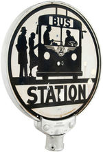 "BUS STATION" DOUBLE-SIDED PORCELAIN SIGN.