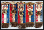 GEORGE WASHINGTON COLOR CELLULOIDS ON SIX PATRIOTIC ORDER SONS OF AMERICA RIBBON BADGES.