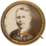 "JAMES M. COX" REAL PHOTO BUTTON WITH BRASS RIM.