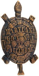 EMBOSSED BRASS FIGURAL TURTLE EARLY FRATERNAL PIN.