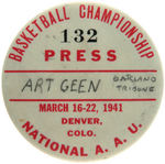 BASKETBALL A.A.U. CHAMPIONSHIP 1941 PRESS BUTTON.