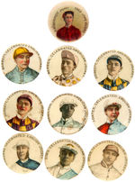 HORSE RACING JOCKEY BUTTONS LOT OF TEN INCLUDING NEAR FULL SET ALL C. 1900.