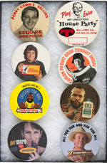 TV PERSONALITY GROUP OF EIGHT ADVERTISING BUTTONS.