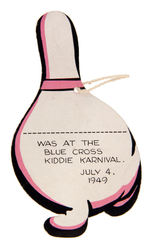 SHMOO FIGURAL HANGER WITH PIN FOR 1949 “BLUE CROSS KIDDIE KARNIVAL”.