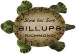 FIVE CAST IRON TURTLES WITH MESSAGES ON THEIR CELLULOID SHELLS.