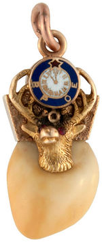 ELKS FRATERNAL WATCH CHAIN CHARMS OF ELK'S TEETH IN GOLD MOUNTS.