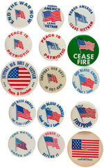 PRO AND ANTI VIETNAM WAR BUTTONS PICTURING THE AMERICAN FLAG.