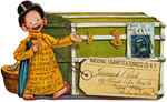 YELLOW KID FIGURAL POSTCARD PROMOTING HIS CIGARETTES AND BUTTONS.