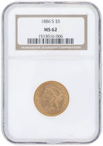 $5 LIBERTY HEAD 1886-S GOLD HALF EAGLE NGC MS62.