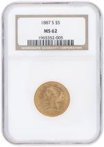 $5 LIBERTY HEAD 1887-S GOLD HALF EAGLE NGC MS62.