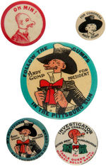 ANDY GUMP GROUP OF FOUR BUTTONS PLUS RARE POCKET MIRROR.