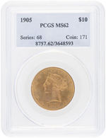 $10 LIBERTY HEAD 1905 GOLD EAGLE PCGS MS62.