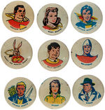 FAWCETT COMIC CHARACTERS NEAR SET OF BUTTONS INCLUDING CAPTAIN MARVEL AND EIGHT OTHERS.