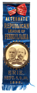 "ALTERNATE" RIBBON BADGE WITH McKINLEY CELLO JUGATE FOR 1896 GOP CONVENTION.