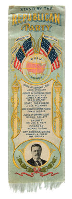 MULTICOLOR LARGE RIBBON WITH TR ISSUED FOR 1905 GOP TICKET IN STATE & PHILADELPHIA ELECTION.