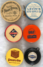 TROLLEY, GASOLINE, OIL, AUTO SUPPLY GROUP OF SIX TAPE MEASURES.