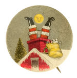 THE POPULAR, RARE AND HUMOROUS SANTA UPSIDE-DOWN IN CHIMNEY BUTTON.