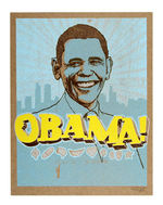 "OBAMA!"  FOUR-COLOR HAND-CARVED WOOD BLOCK SIGNED AND NUMBERED POSTER BY DENVER ARTIST ERIC PORTIS.