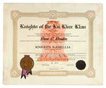 SEALED AND SIGNED FURNEY/EVANS KNIGHTS OF THE KKK CERTIFICATE AWARDING RANK OF KNIGHTS KAMELLIA.