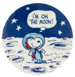 CLASSIC, SCARCE AND HISTORIC MOON LANDING BUTTON FEATURING SNOOPY FROM 1969.