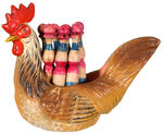 MOLDED COMPOSITION ROOSTER WITH WOODEN SKIDDLES GAME.