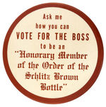 "SCHLITZ BROWN BOTTLE" HISTORIC BEER HOSPITALITY PROMO BUTTON CIRCA 1938.