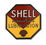 "SHELL SPECIALIZED LUBRICATION" BEAUTIFULLY MADE ENAMEL AND SILVERED BRASS AUSTRALIAN BADGE.