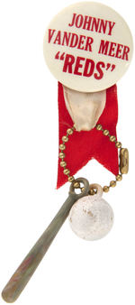 CINCINNATI “REDS” EARLY BRASS WATCH FOB AND BUTTON FOR “JOHNNY VANDER MEER.”