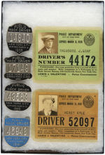 PUBLIC HACK DRIVER GROUP OF FOUR METAL BADGES PLUS PAIR OF CELLULOID ENCASED PHOTOGRAPHIC LICENSES.