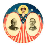 ART NOUVEAU-STYLE MISS LIBERTY IN GORGEOUS COLOR EMBRACES OVAL PHOTOS OF BRYAN AND KERN.