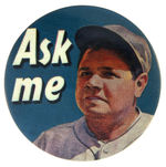 STORE CLERK BUTTON PROMOTING QUAKER CEREALS “ASK ME” BABE RUTH PREMIUM GAME.