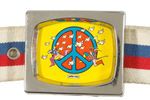 PETER MAX BELT WITH PEACE SYMBOL BUCKLE.