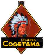 LARGE BELGIAN CIGAR COMPANY DOUBLE SIDED PORCELAIN SIGN WITH NATIVE AMERICAN.