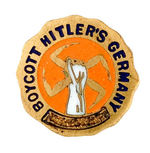 ENAMEL AND BRASS BADGE SHOWING HAND CRUSHING SWASTIKA WITH TEXT "BOYCOTT HITLER'S GERMANY."