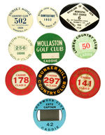 COLLECTION OF GOLF BADGES, MANY SAYING "CADDY" AND MOST FROM 1930s.