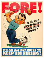 WWII GOLF THEME ANTI-HITLER OLDSMOBILE PLANT POSTER.