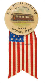 EARLY 1900S BUTTON PICTURING RAIL CAR AND PROMOTING LAND IN THE TEXAS PANHANDLE.