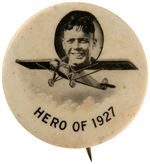 LINDBERGH SCARCE BUTTON PLUS RARE "LINDBERGH DAY" TICKET.