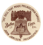 PHILADELPHIA DAIRY PRODUCT DEALER BUTTON SHOWING LIBERTY BELL AND INDEPENDENCE HALL.