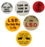 SIX 1960s BUTTONS REFERENCING TIMOTHY LEARY AND LSD.