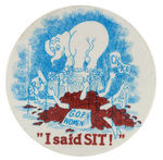 CARTOON BUTTON PORTRAYING ANTI-FEMINIST G.O.P. POLICIES PLUS "NOW" BUTTON BOTH C. 1982.