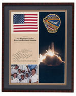 SPACE SHUTTLE  STS-61-C PATCH & FLAG FLOWN ABOARD SHUTTLE FRAMED DISPLAY WITH ASTRONAUT SIGNATURE.