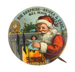 SUPERBLY COLORED 1930s BUTTON WITH SANTA HOLDING DOLL BY GLOWING FIREPLACE.