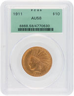 INDIAN HEAD EAGLE 1911 $10 GOLD COIN PCGS AU58.